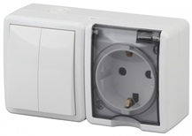 11-7402-03 Блок розетка+выключатель двойной IP54 16AX(10AX)-250B,ОУ Эксперт серый ЭРА