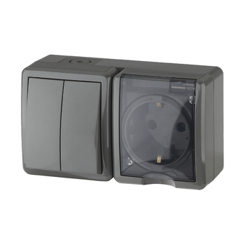 11-7404-03 Блок две розетки+выключатель двойной IP54 16AX(10AX)-250B,ОУ Эксперт серый ЭРА
